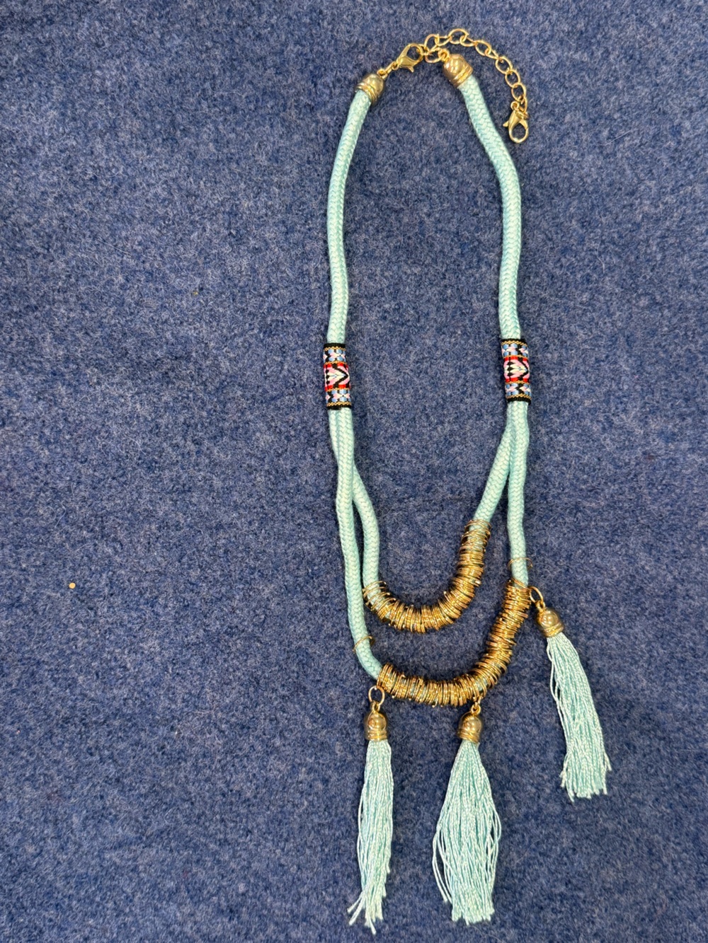Teal western necklace gold tone rings Aztec wrap tassels